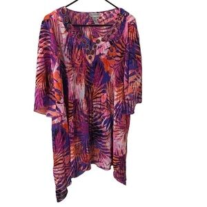 Catherines tropical leaf print pleated jeweled vneck blouse size 1X